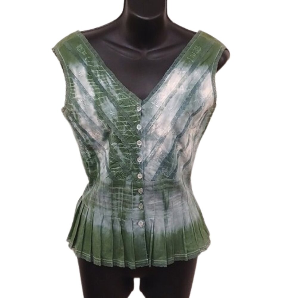 Chaudry Embroidered Cotton Button Front Peplum Top- Sz. Sm